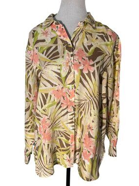 J. Jill Love Linen Floral Button-Front Linen Long Sleeve Shirt Small Petite